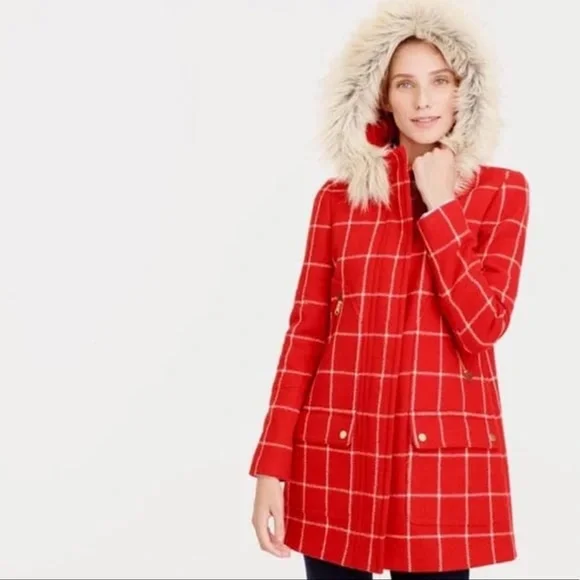 J. Crew Chateau Parka Plaid Windowpane Check 100% Wool Hooded Coat - Picture 2 of 12